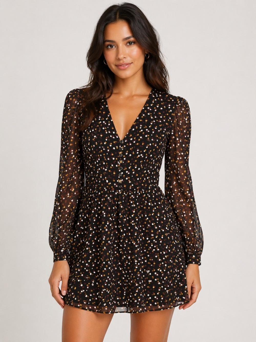 NWT The Kooples Black Polka Dot Sheer Mini Dress Small | V-Neck Puff Sleeve Chic
